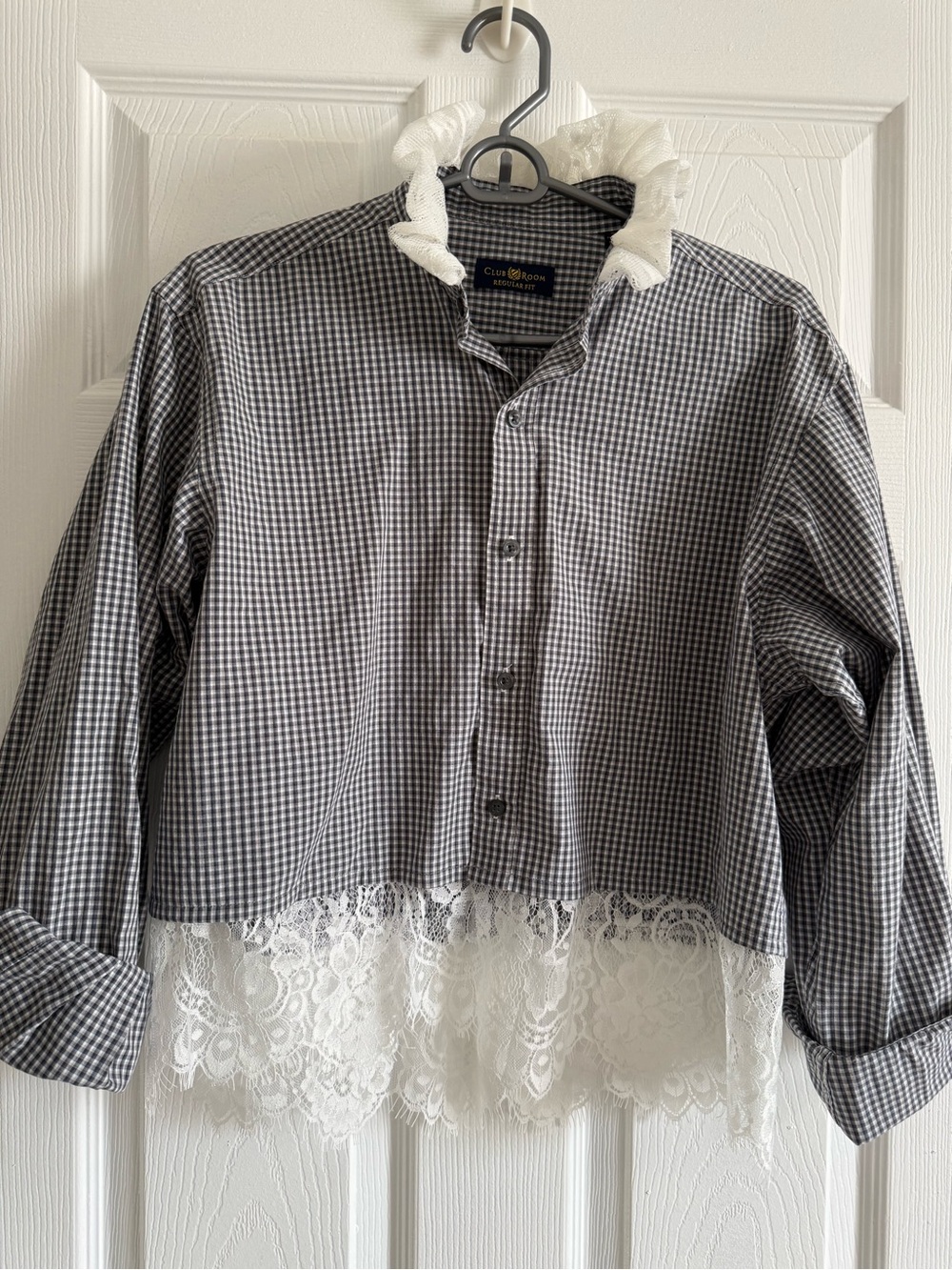 Upcycled Men’s button-down for Women with lace details.